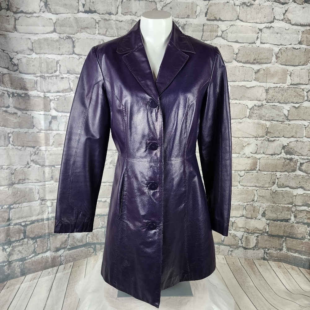 Vintage Danier Leather Button Front Trench Coat Dark Purple Size 6 Whimsigoth - Picture 4 of 16